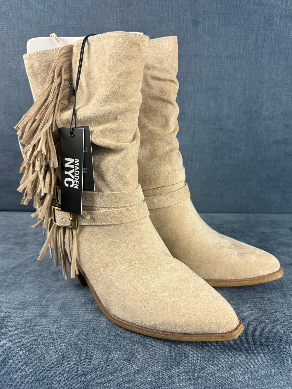 Madden NYC Womens Tan Faux Suede Buckle Fringe Pull On Boots SZ 10 New Western